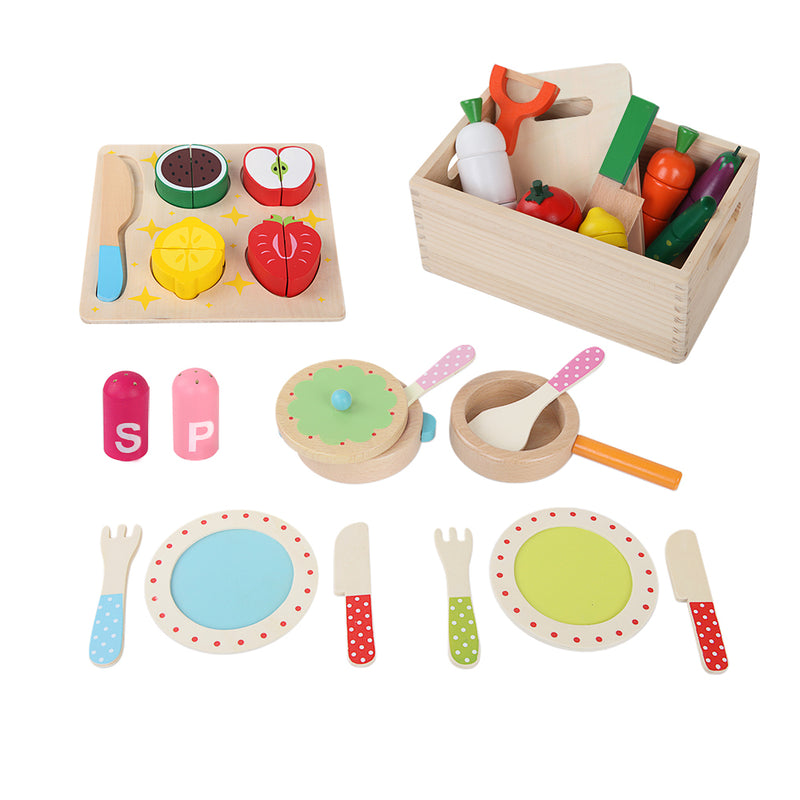 Keezi Kids Kitchen Play Set Wooden Pretend Toys Cooking Utensils Pots Pans Food