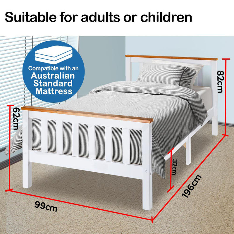 Kingston Slumber Single Wooden Bed Frame Base White Timber Kids Adults Modern Bedroom Furniture