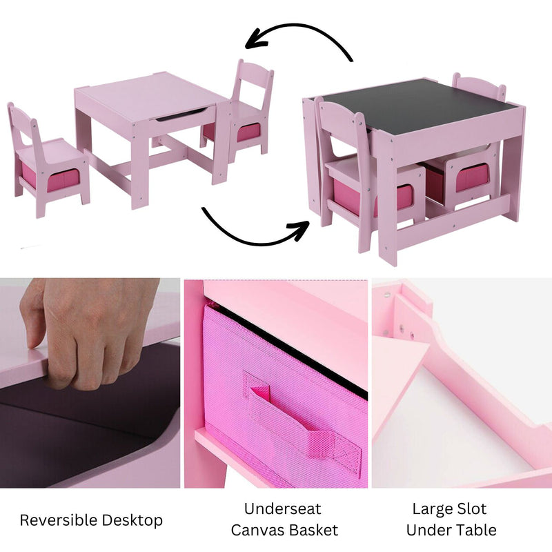 3PCS Kids Table and Chairs Set with Black Chalkboard (Pink)