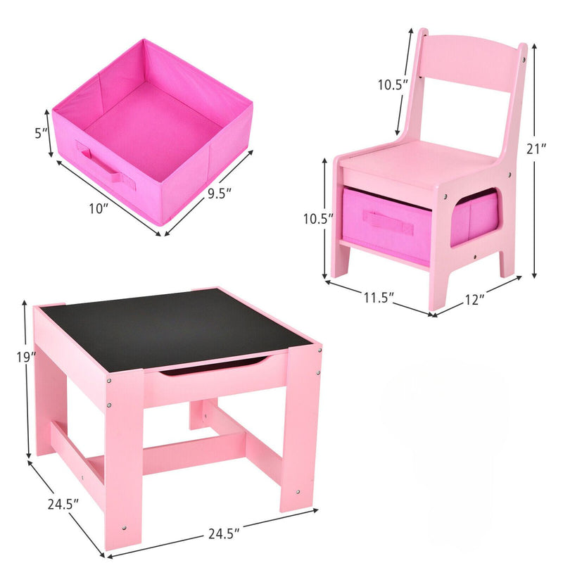 3PCS Kids Table and Chairs Set with Black Chalkboard (Pink)