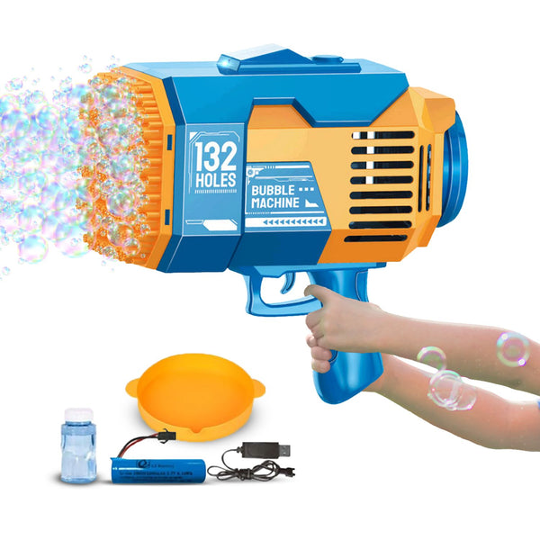 GOMINIMO 132 Holes Rechargeable Bubbles Machine Gun for Kids (Orange and Blue) GO-BMG-103-KBT